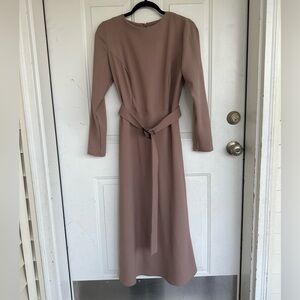Elegant Taupe Long-Sleeve Belted Midi Dress